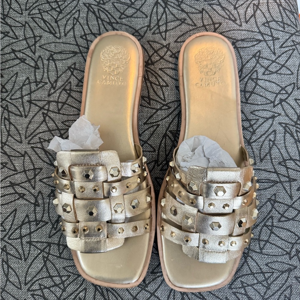 Vince Camuto Metallic Gold Studded Slide Mule Sandals